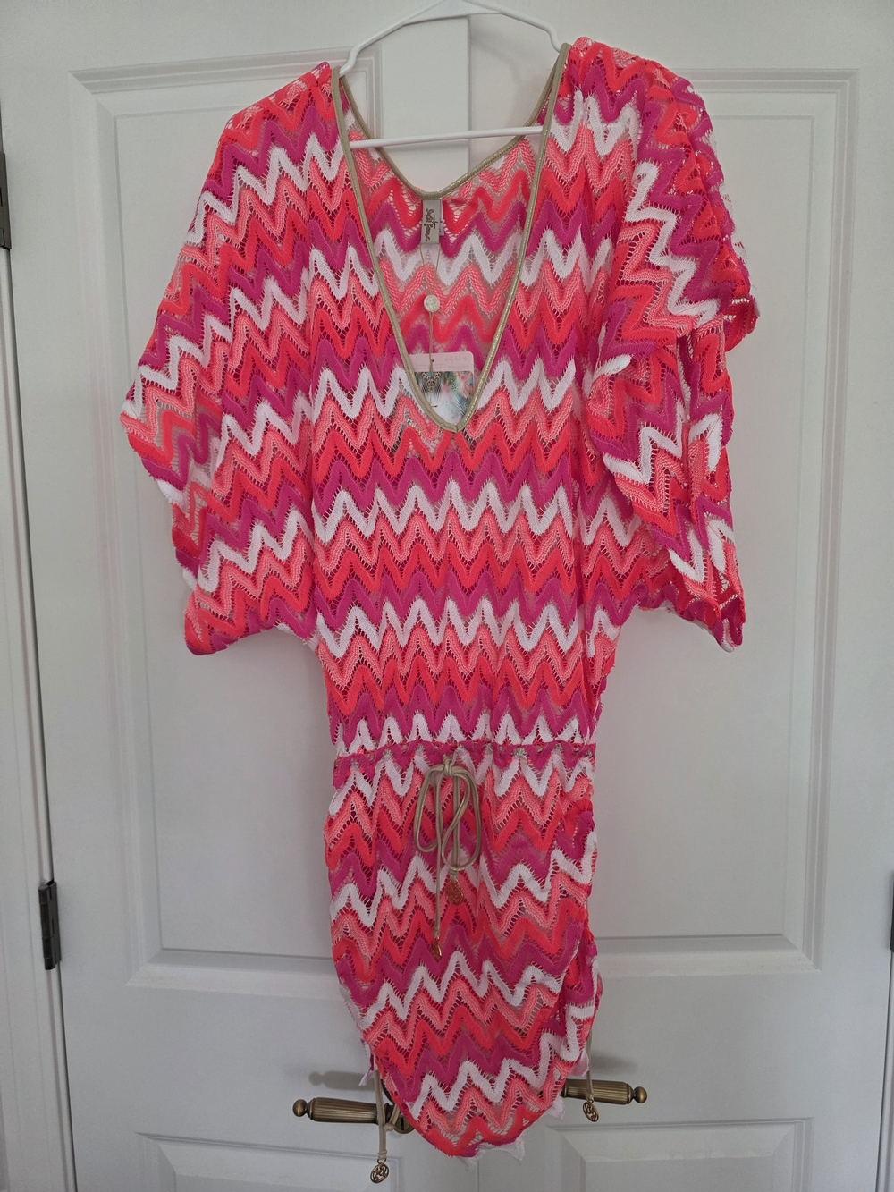 Luli Fama Pink, White & Coral Zigzag Crochet Swim Coverup